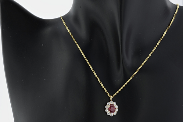 Ruby and Diamond Halo Pendant Necklace 14K Gold